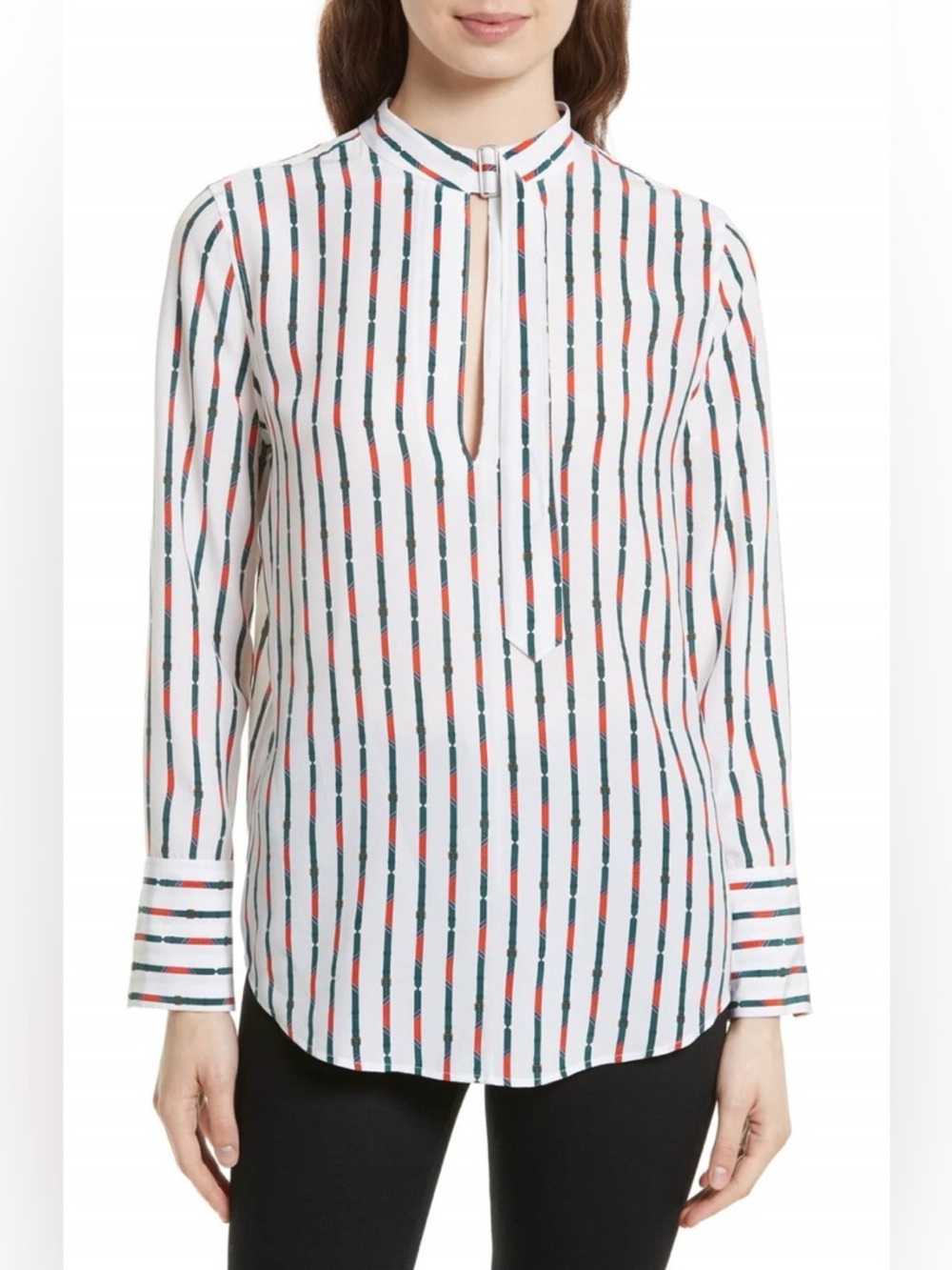 EQUIPMENT Janelle Stripe 100% Silk Blouse in Bright White Multi w Buckle Accents